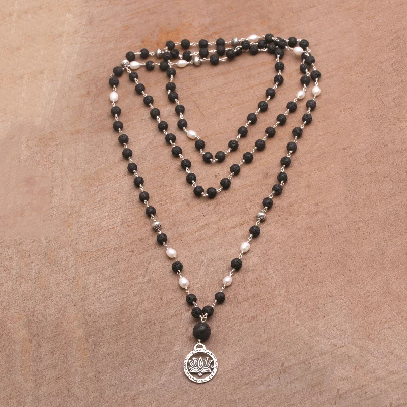 ---Lotus Power Cultured Pearl and Lava Stone Pendant Necklace from Bali