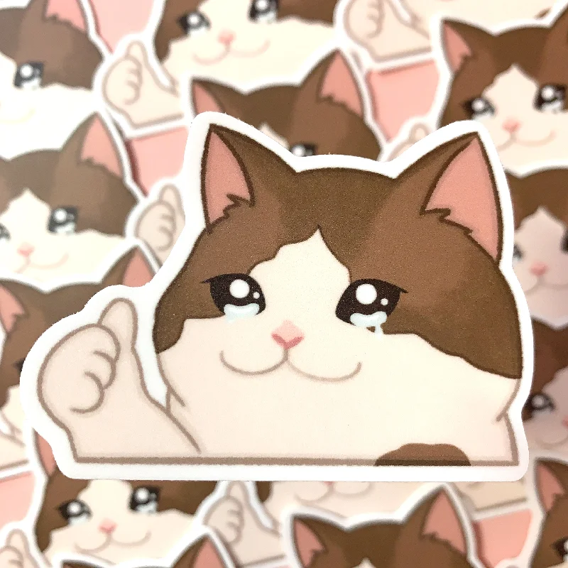 ---[WATERPROOF] Thumbs Up Crying Sad Cat Meme Vinyl Sticker Decal