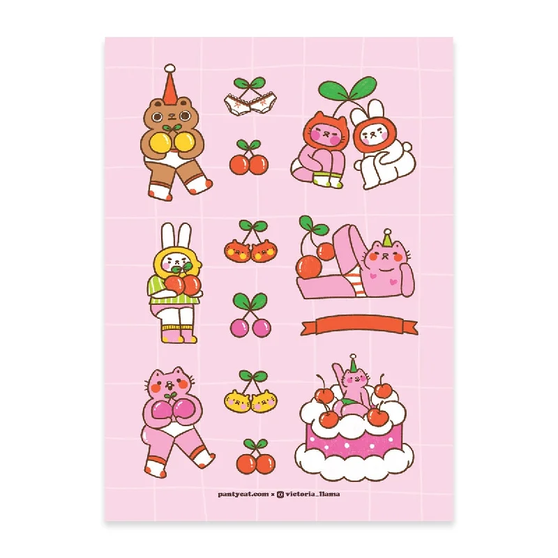 - Custom pet birthday cakeCherries and Panty Cat Sticker Sheet