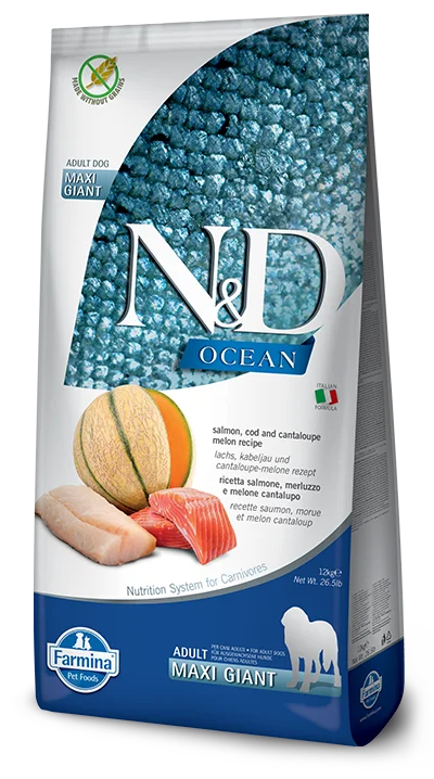 - Special food for senior dogsFarmina N&D Ocean Salmon, Cod & Cantaloupe Melon Adult Maxi Giant Dog Food