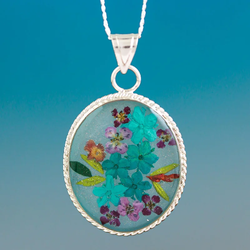 ---Azure Forever Blue Dried Flower and Resin Silver Necklace from Mexico